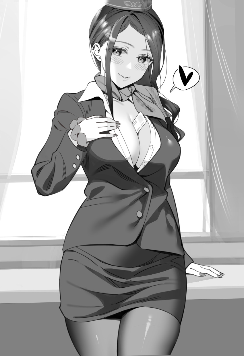 absurdres asymmetrical_hair between_breasts breasts cleavage cowboy_shot earrings female greyscale hat heart highres jacket jewelry kitazawa_(embers) large_breasts leaning_back long_hair md5_mismatch miniskirt monochrome original pantyhose parted_bangs partially_unbuttoned pencil_skirt scarf shirt skirt smile solo speech_bubble spoken_heart standing travel_attendant