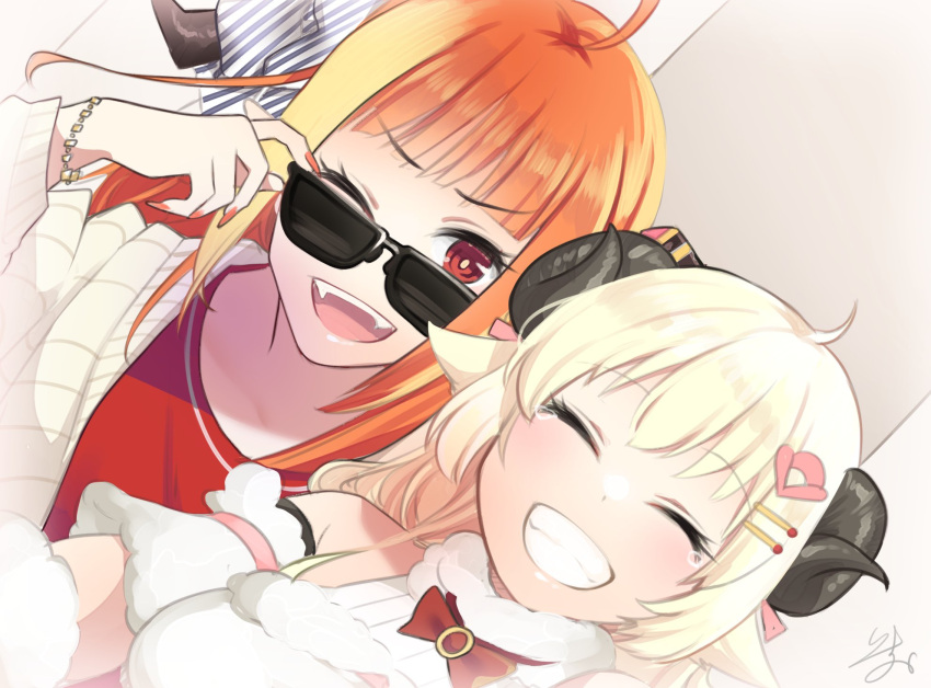 2girls ;d ahoge animal_ears blonde_hair bracelet cardigan closed_eyes commentary_request detached_sleeves dragon_horns dress grin hair_ornament hairclip highres hololive horns isuka jewelry kiryu_coco long_hair multicolored_hair multiple_girls nail_polish one_eye_closed open_mouth orange_hair orange_nails red_eyes red_shirt sheep_ears sheep_girl sheep_horns shirt smile streaked_hair tearing_up tsunomaki_watame tsunomaki_watame_(1st_costume) virtual_youtuber white_cardigan white_dress