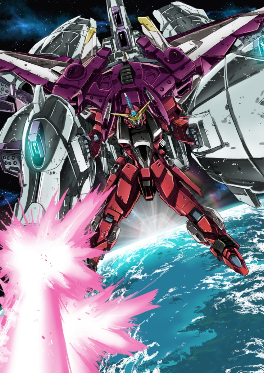 bad_id bad_pixiv_id clenched_hands commentary firing garimpeiro glowing glowing_eyes green_eyes gundam gundam_seed highres justice_gundam laser mecha mecha_focus mechanical_wings meteor_(gundam) no_humans planet robot science_fiction solo v-fin wings