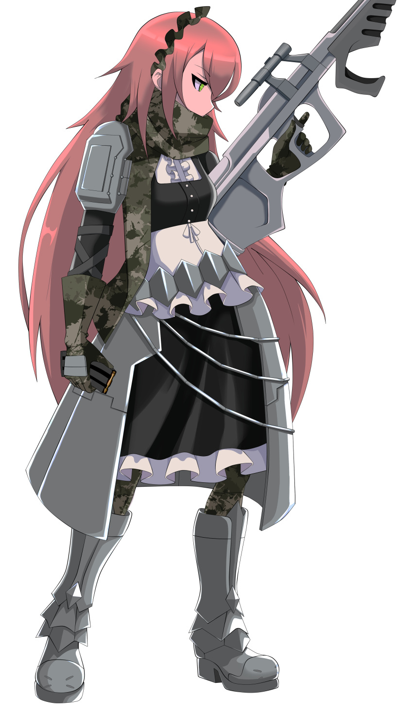 absurdres apron armor armored_boots armored_dress boots camouflage camouflage_gloves camouflage_legwear camouflage_scarf cz2128_delta female frills green_eyes gun hh_101 highres holding holding_gun holding_weapon long_hair maid maid_headdress overlord_(maruyama) pink_hair puffy_sleeves scarf transparent_background trigger_discipline very_long_hair weapon