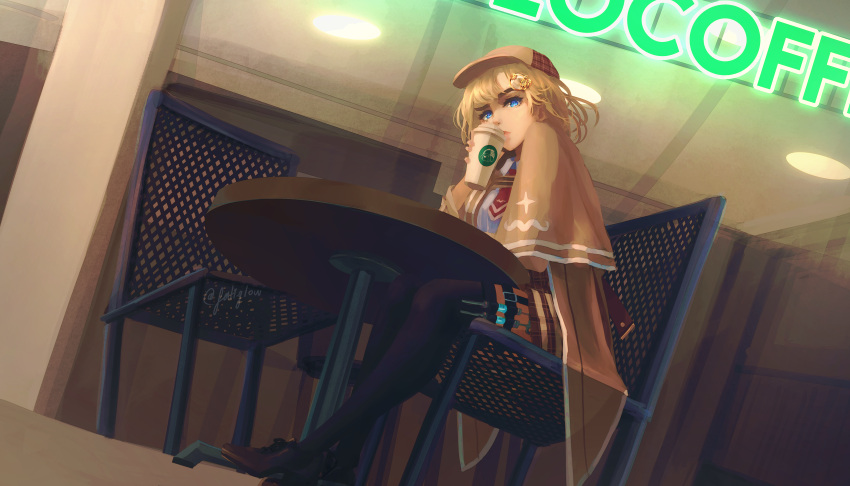 absurdres blonde_hair blue_eyes bob_cut capelet chair coffee crabi crossed_ankles cup disposable_cup dutch_angle female from_below highres hololive hololive_english looking_at_viewer necktie needle plaid plaid_skirt red_necktie restaurant short_hair skirt syringe table twitter_username virtual_youtuber watson_amelia watson_amelia_(1st_costume)