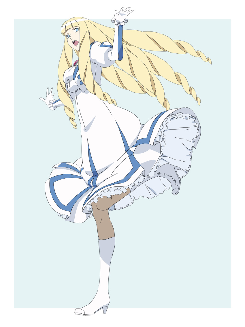 big_hair blonde_hair blue_eyes boots brooch commentary cosplay dianna_soreil dress drill_hair female frilled_dress frills gasora gloves gundam highres jacket jewelry kihel_heim kihel_heim_(cosplay) open_mouth photoshop_(medium) turn_a_gundam waving white_dress white_footwear white_gloves