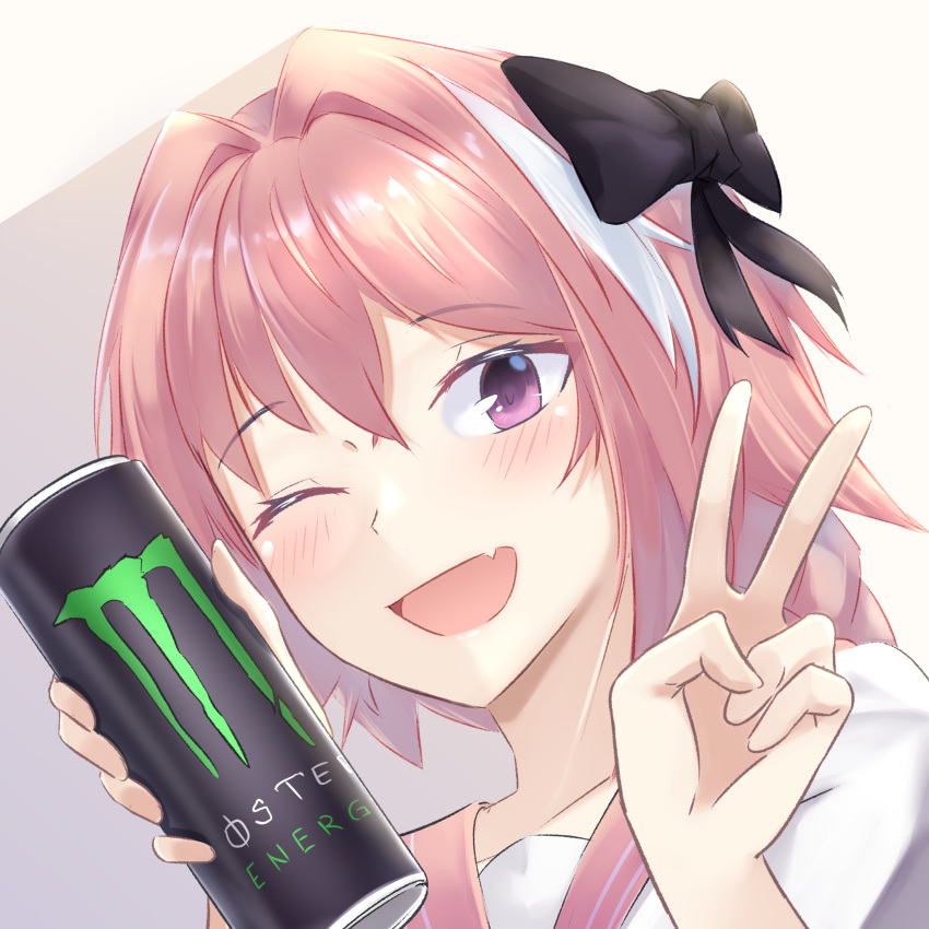 1boy ;d astolfo_(fate) astolfo_(sailor_paladin)_(fate) astolfo_monster_cosplay_(meme) black_bow blush bow braid braided_ponytail brand_name_imitation can commentary energy_drink fate/apocrypha fate/grand_order fate_(series) hair_intakes highres holding holding_can irkawaza male_focus meme monster_energy multicolored_hair oerba_yun_fang official_alternate_costume one_eye_closed open_mouth otoko_no_ko pink_hair pink_sailor_collar purple_eyes sailor_collar school_uniform serafuku single_braid skin_fang smile streaked_hair v white_hair