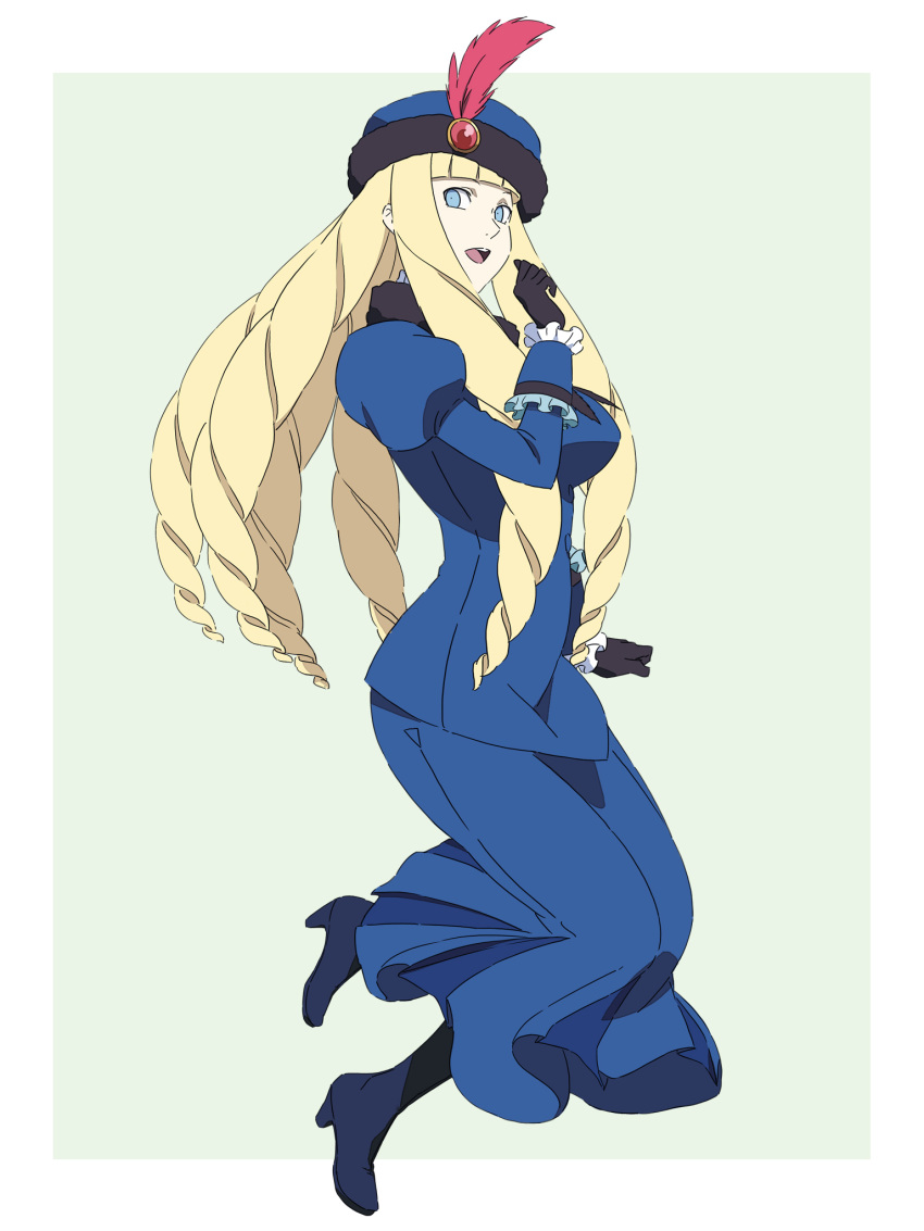 beret big_hair black_footwear black_gloves blonde_hair blue_eyes boots brooch commentary cosplay dianna_soreil dress drill_hair feathers female frills gasora gloves gundam hat hat_feather highres jewelry kihel_heim kihel_heim_(cosplay) photoshop_(medium) smile solo turn_a_gundam