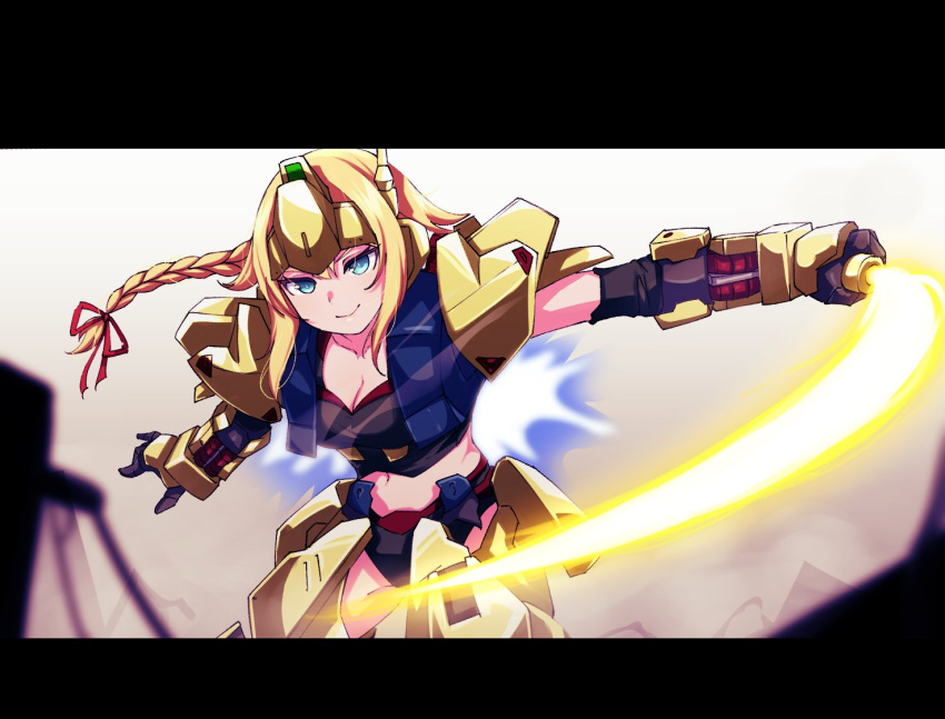 beam_saber black_gloves blonde_hair braid breasts cleavage cosplay female floating_hair gloves gundam holding holding_sword holding_weapon hoshino_char hyaku_shiki hyaku_shiki_(cosplay) mecha_musume medium_breasts navel open_hand science_fiction slashing smile solo sword tsunderia v-shaped_eyebrows valefal_coneri virtual_youtuber weapon zeta_gundam