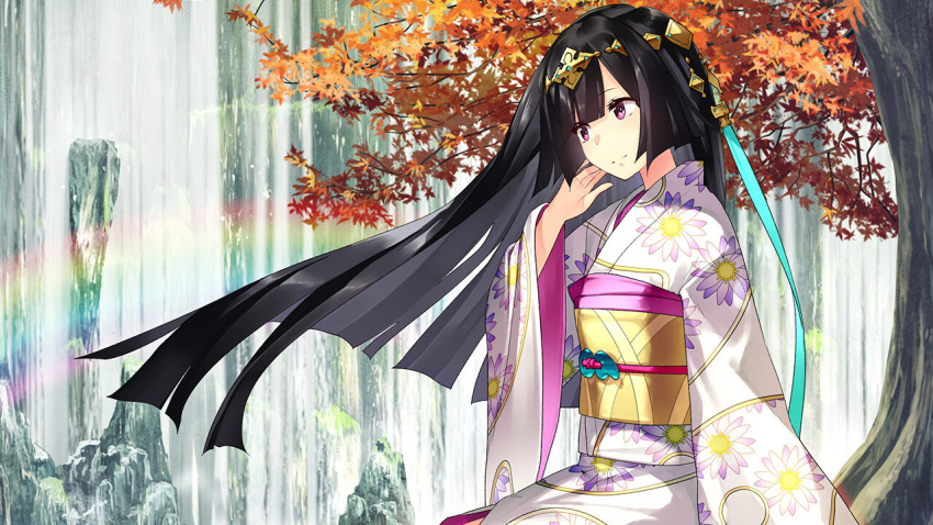 artist_request artwhirl_mahou_gakuen_no_otome-tachi black_hair blunt_bangs closed_mouth female floating_hair floral_print furisode game_cg japanese_clothes kimono long_hair long_sleeves mikoto_(artwhirl) obi obiage obidome obijime outdoors print_kimono rainbow red_eyes sash sitting smile solo very_long_hair water waterfall white_kimono wide_sleeves