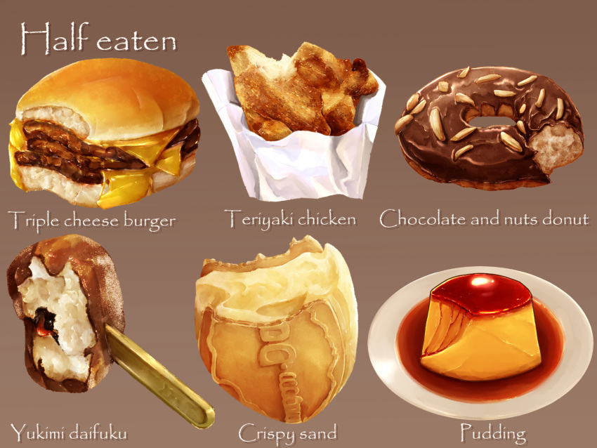 bread_bun burger cheese chicken_(food) daifuku dessert doughnut english_text engrish_text food food_focus food_wrapper fried_chicken highres ice_cream ice_cream_sandwich kaneko_ryou meat no_humans nut_(food) original paper pastry plate pudding ranguage realistic sauce simple_background still_life