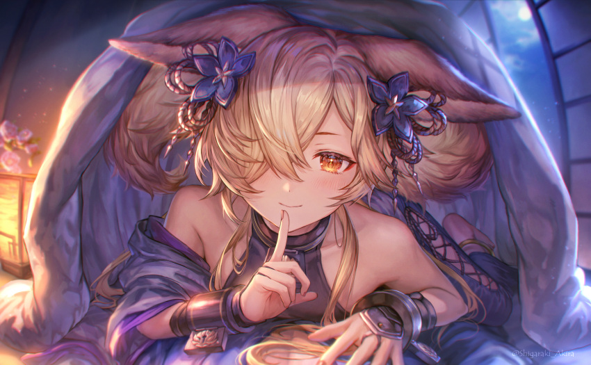 1boy animal_ears artist_name blanket blonde_hair bridal_gauntlets cuffs erune finger_to_mouth flower fox_ears fox_tail granblue_fantasy hair_flower hair_ornament hair_over_one_eye highres kou_(granblue_fantasy) looking_at_viewer lying lying_on_person male_focus moon pov shigaraki_(strobe_blue) short_hair shouji sliding_doors smile solo tail yellow_eyes