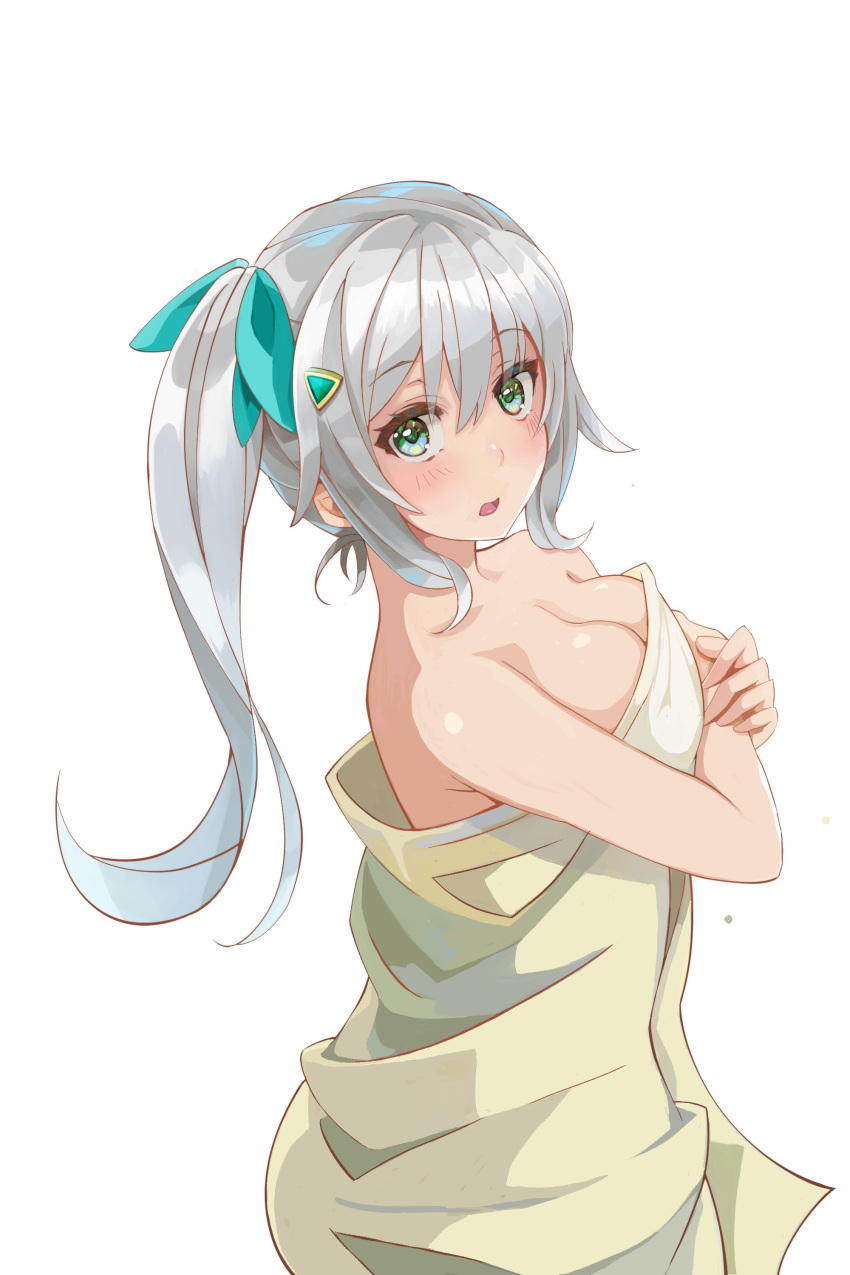 absurdres blush bow breasts cleavage embarrassed female green_bow green_eyes hair_between_eyes hair_ornament hairbow hairclip hands_on_own_chest highres hizuki_miu holding holding_towel long_hair looking_at_viewer medium_breasts naked_towel open_mouth ru_roiroiro side_ponytail solo towel triangle_hair_ornament virtual_youtuber wactor_production white_background white_hair