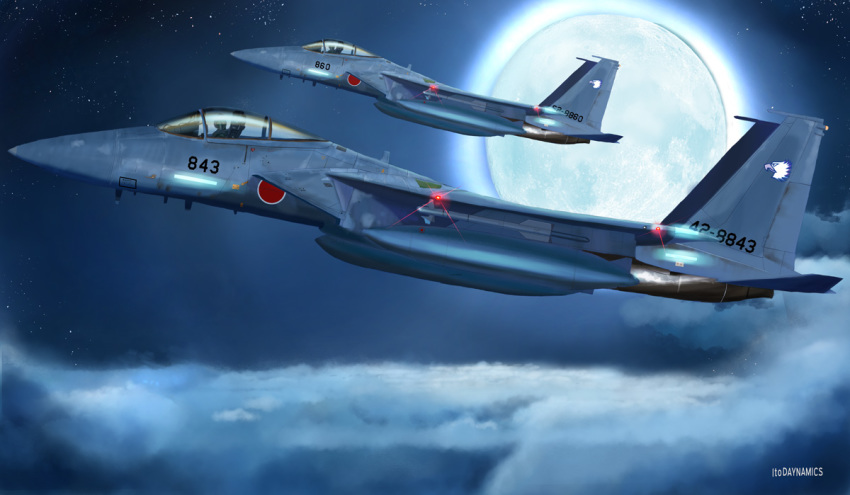 aircraft airplane artist_name bird canopy_(aircraft) cloud commentary decal eagle f-15_eagle fighter_jet flying i.t.o_daynamics japan_air_self-defense_force japan_self-defense_force jet military military_vehicle missile moon real_life realistic signature vehicle_focus