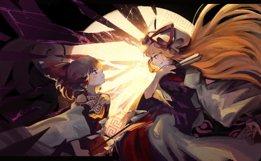 2girls :/ absurdres bare_shoulders blonde_hair blush bow brown_hair closed_mouth detached_sleeves dress erty113 facing_another folded_fan folding_fan frilled_bow frills gap_(touhou) gohei hair_ribbon hairbow hakurei_reimu hand_fan hat highres holding holding_fan holding_gohei long_dress long_hair long_sleeves looking_at_another mob_cap multiple_girls purple_tabard red_eyes red_ribbon red_skirt red_vest ribbon ribbon-trimmed_sleeves ribbon_trim short_hair skirt skirt_set smile sweatdrop tabard talisman touhou very_long_hair vest white_dress white_headwear wide_sleeves yakumo_yukari yellow_eyes