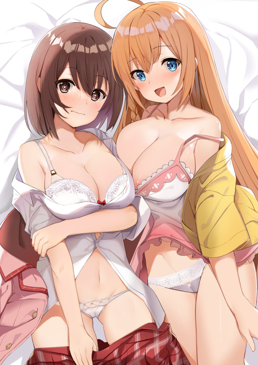 2girls absurdres ahoge bare_shoulders blazer blue_eyes blush bra breasts brown_eyes brown_hair cleavage collarbone commentary highres jacket large_breasts long_hair looking_at_viewer multiple_girls navel off_shoulder open_clothes open_jacket open_mouth open_shirt orange_hair panties pecorine_(princess_connect!) pecorine_(real)_(princess_connect!) pink_jacket plaid plaid_skirt pleated_skirt princess_connect! school_uniform shirt short_hair sidelocks skirt togo_(korlsj1235) tsubakigaoka_metropolitan_high_school_uniform underwear undressing white_bra white_panties white_shirt yui_(princess_connect!) yui_(real)_(princess_connect!)