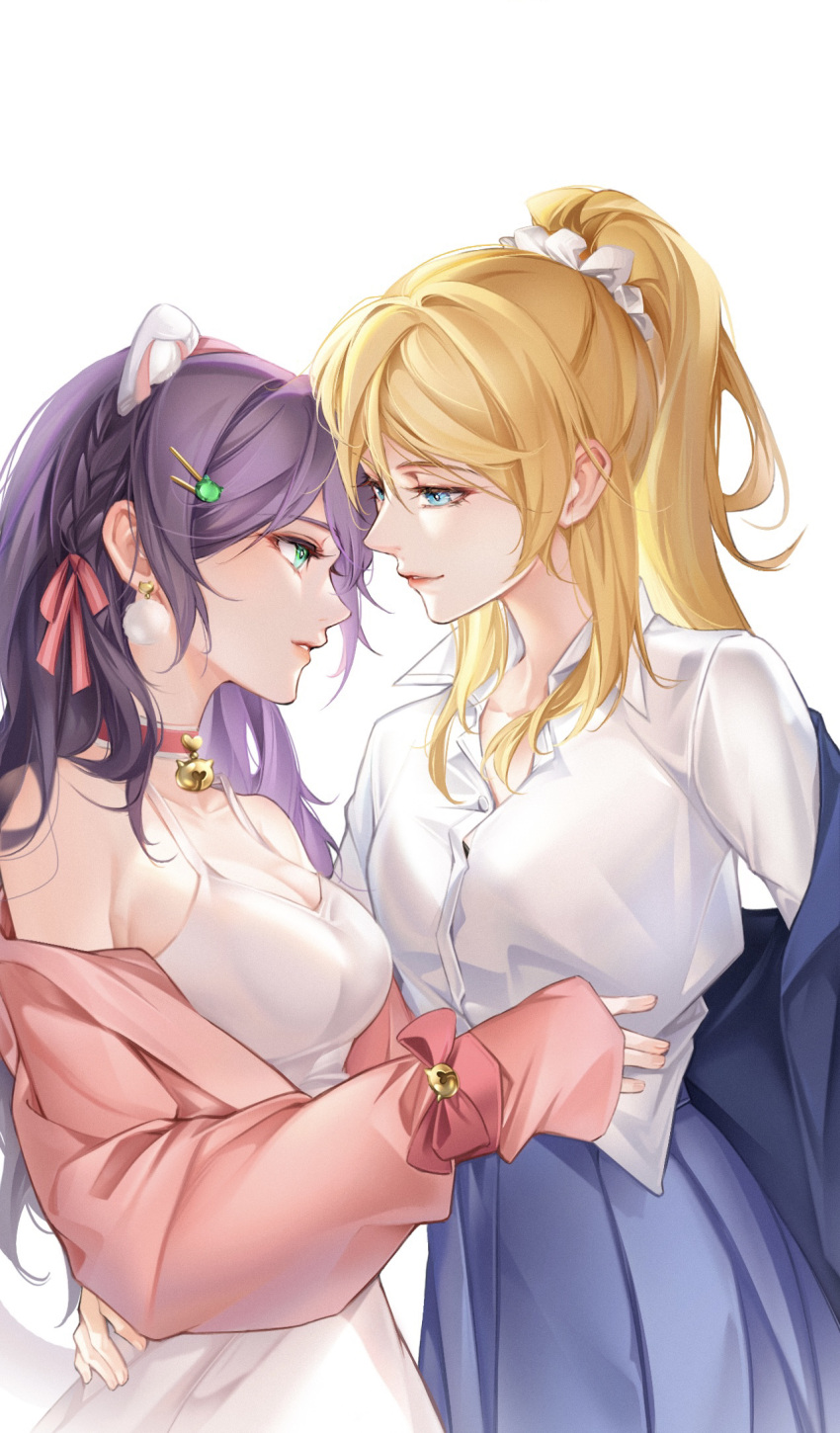 2girls animal_ear_piercing animal_ears ayase_eli bare_shoulders bell blonde_hair blue_eyes braid breasts cat_ears choker cleavage commentary_request cowboy_shot dress dress_shirt eye_contact french_braid hair_ornament hair_scrunchie hairclip height_difference highres hug jacket k.jhitsugi large_breasts lips long_hair looking_at_another love_live! love_live!_school_idol_project multiple_girls neck_bell open_clothes open_jacket paid_reward_available pink_choker pink_jacket ponytail scrunchie shirt side_braid sidelocks simple_background tojo_nozomi waist_hug white_background white_dress white_scrunchie white_shirt yuri