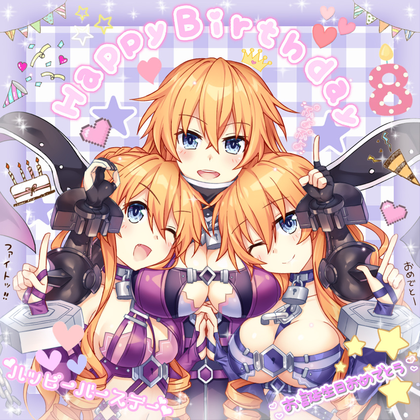 3girls :d ;) ;d arm_on_another's_shoulder asymmetrical_docking bare_shoulders birthday blue_eyes blush braid braided_ponytail breast_pillow breast_press breasts chain_necklace chains cleavage clothing_cutout commentary_request cuffs date_a_live drill_hair fingerless_gloves gloves hair_between_eyes hands_up happy happy_birthday head_on_chest highres holding_hands hug huge_breasts index_finger_raised interlocked_fingers jewelry kazamachi_yamai large_breasts long_hair looking_at_viewer medium_breasts multiple_girls multiple_persona navel necklace oerba_yun_fang one_eye_closed open_mouth orange_hair revealing_clothes shackles siblings single_braid smile teeth time_paradox translation_request tsubasaki twin_drills twins underboob underboob_cutout upper_body upper_teeth_only very_long_hair yamai_kaguya yamai_yuzuru