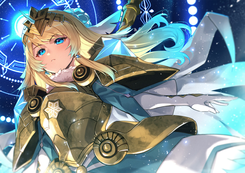 armor blonde_hair blue_eyes blue_hair crown dress earrings feather_trim female fire_emblem fire_emblem_heroes fjorm_(fire_emblem) fjorm_(ice_ascendant)_(fire_emblem) flower gradient_hair hair_ornament highres jewelry long_hair long_sleeves multicolored_hair nakabayashi_zun polearm simple_background solo spear weapon