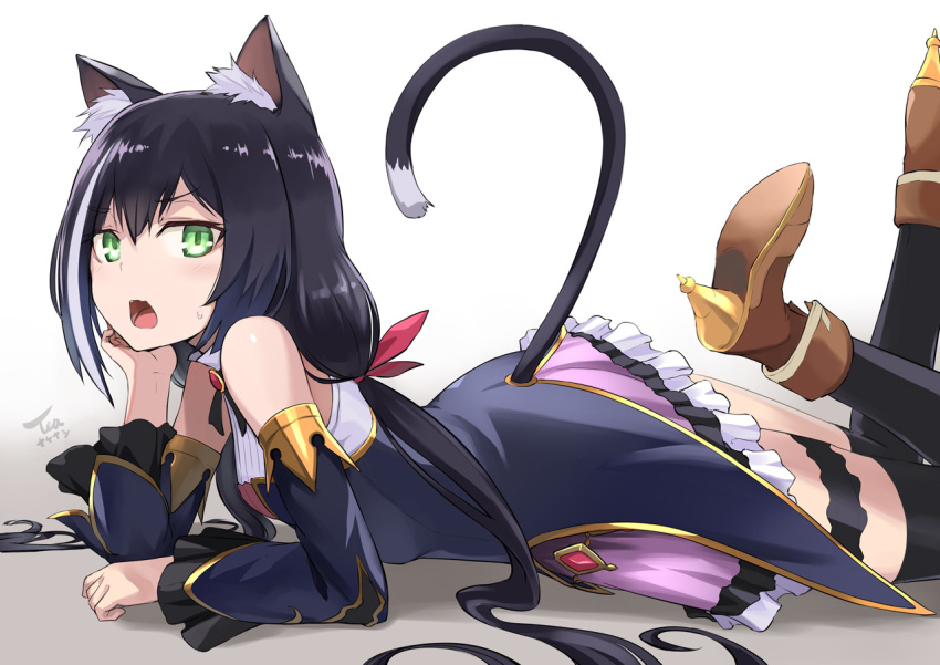 animal_ear_fluff animal_ears bad_id bad_pixiv_id bare_shoulders black_dress black_hair black_thighhighs brown_footwear cat_ears cat_girl cat_tail detached_sleeves dress female frills gold_trim green_eyes head_rest karyl_(princess_connect!) legs_up long_hair long_sleeves looking_at_viewer lying multicolored_hair on_stomach open_mouth photoshop_(medium) princess_connect! shoes simple_background solo streaked_hair sweatdrop tail tail_raised tea_(nakenashi) thigh_strap thighhighs very_long_hair white_background