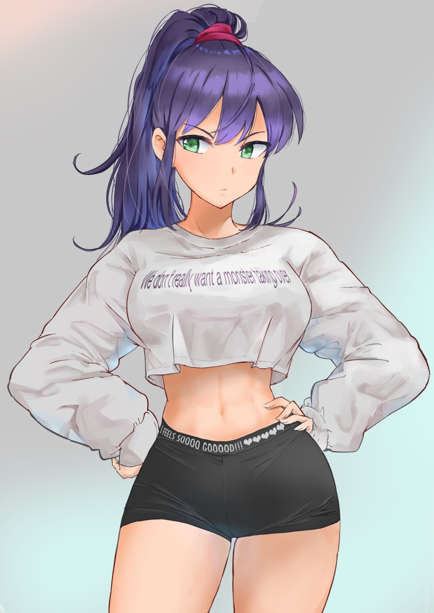 abs black_hair breasts closed_mouth clothes_writing commentary_request crop_top crop_top_overhang english_text female gradient_background green_eyes grey_background hands_on_own_hips heart highres kajino_(aosansai) long_hair long_sleeves medium_breasts midriff navel ponytail sasaki_fuuka shirt short_shorts shorts simple_background solo standing stomach toned watashi_ga_motenai_no_wa_dou_kangaetemo_omaera_ga_warui! white_shirt