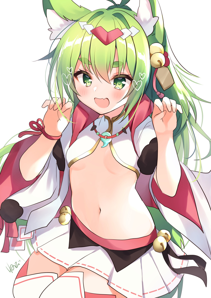 :d absurdres animal_ear_fluff animal_ears azur_lane bell breasts claw_pose commentary_request commission cowboy_shot crop_top female gold_trim green_eyes green_hair hair_ornament hands_up highres isokaze_(azur_lane) isokaze_(new_year's_campaign)_(azur_lane) jewelry jingle_bell long_hair long_sleeves looking_at_viewer magatama magatama_necklace midriff miniskirt navel necklace nenobi_(nenorium) open_mouth pleated_skirt shirt signature simple_background skeb_commission skirt small_breasts smile solo stomach thighhighs white_background white_shirt white_skirt white_thighhighs wide_sleeves zettai_ryouiki