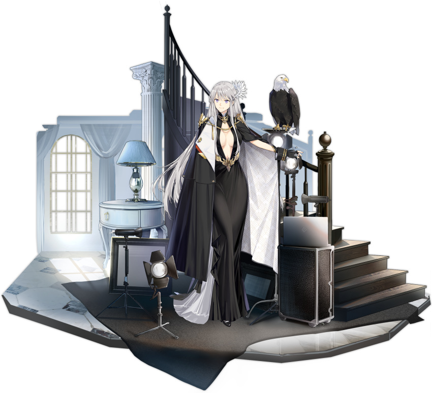 azur_lane bald_eagle bird black_dress black_footwear black_gloves breasts center_opening cleavage cloak closed_mouth column computer curtains dress eagle enterprise_(azur_lane) enterprise_(heroic_finery)_(azur_lane) evening_gown faux_figurine feather_hair_ornament feathers female fingerless_gloves floodlights full_body gloves grey_hair grim_(azur_lane) hair_ornament hao_(patinnko) highres indoors jewelry lamp laptop large_breasts long_dress long_hair looking_at_viewer medium_breasts official_alternate_costume official_art pillar purple_eyes shoes smile solo stairs standing suitcase table transparent_background tripod very_long_hair white_hair window