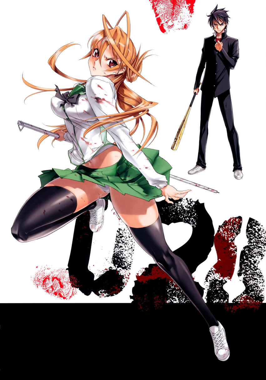 1boy absurdres antenna_hair baseball_bat black_legwear blood breasts broom brown_hair clenched_hand female fingerprint full_body highres highschool_of_the_dead holding komuro_takashi large_breasts long_hair long_sleeves looking_at_viewer midriff miyamoto_rei navel panties pants pantyshot parted_lips photoshop_(medium) pleated_skirt red_eyes satou_shouji scan school_uniform skirt thighhighs underwear