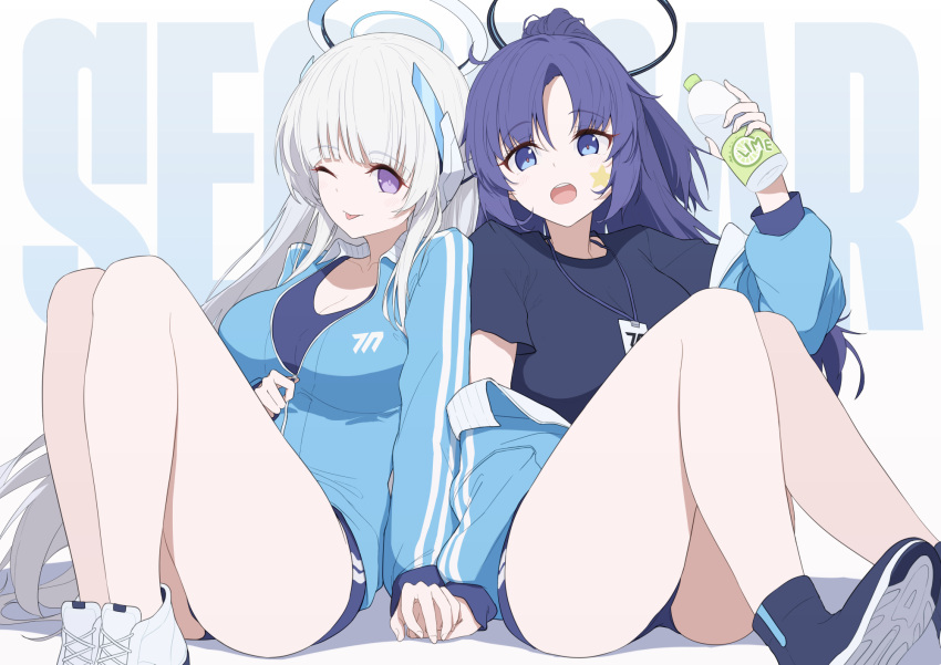 2girls :p ass blue_archive blue_eyes blue_footwear blue_hair blue_track_suit bottle breasts grey_hair gym_shorts halo highres holding holding_bottle holding_hands large_breasts long_hair long_sleeves looking_at_viewer mechanical_halo multiple_girls noa_(blue_archive) official_alternate_costume one_eye_closed open_mouth partially_unzipped purple_eyes shorts thighs tongue tongue_out very_long_hair water_bottle white_footwear white_hair xfate yuuka_(blue_archive)