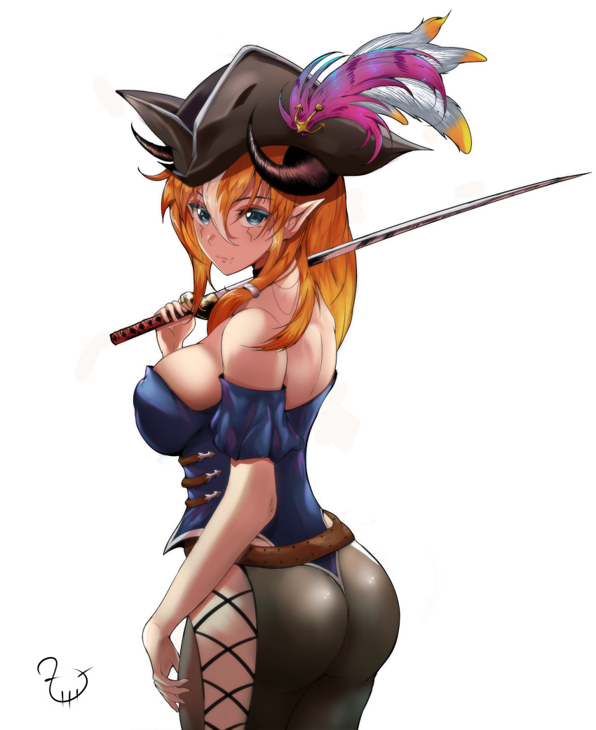 absurdres anchor_hair_ornament ass back bare_shoulders belt black_choker blonde_hair blue_eyes breasts choker cross-laced_clothes cross-laced_legwear detached_sleeves female hair_ornament hair_rings hat hat_feather highres holding holding_sword holding_weapon horns large_breasts looking_at_viewer looking_back mole mole_under_mouth multicolored_hair orange_hair original pirate pirate_hat pointy_ears sideboob signature simple_background solo streaked_hair sword t3x weapon white_background white_hair