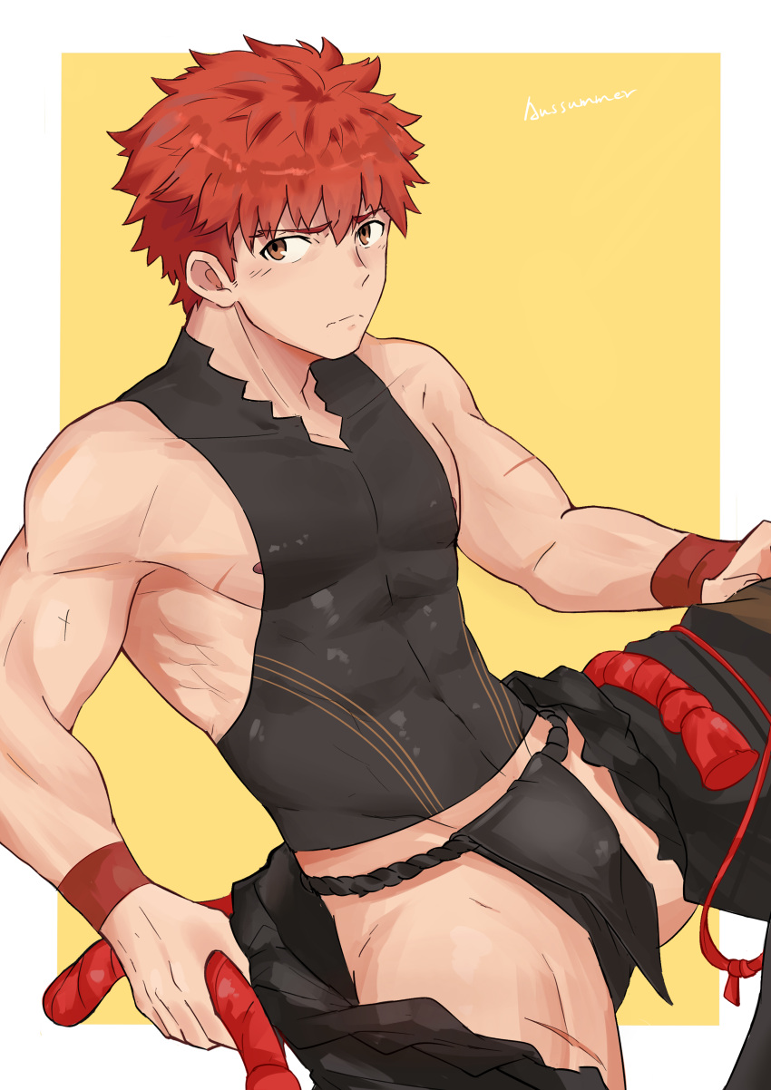 1boy absurdres aussummer bara bare_shoulders black_male_underwear black_pants blush brown_eyes bulge covered_abs covered_navel emiya_shirou fate/grand_order fate_(series) fundoshi highres japanese_clothes male_focus male_underwear muscular muscular_male nipple_slip nipples open_fly open_pants orange_hair pants pectorals senji_muramasa_(fate) senji_muramasa_(second_ascension)_(fate) shirt short_hair sideburns sleeveless sleeveless_shirt solo taut_clothes taut_shirt thick_thighs thighs underwear