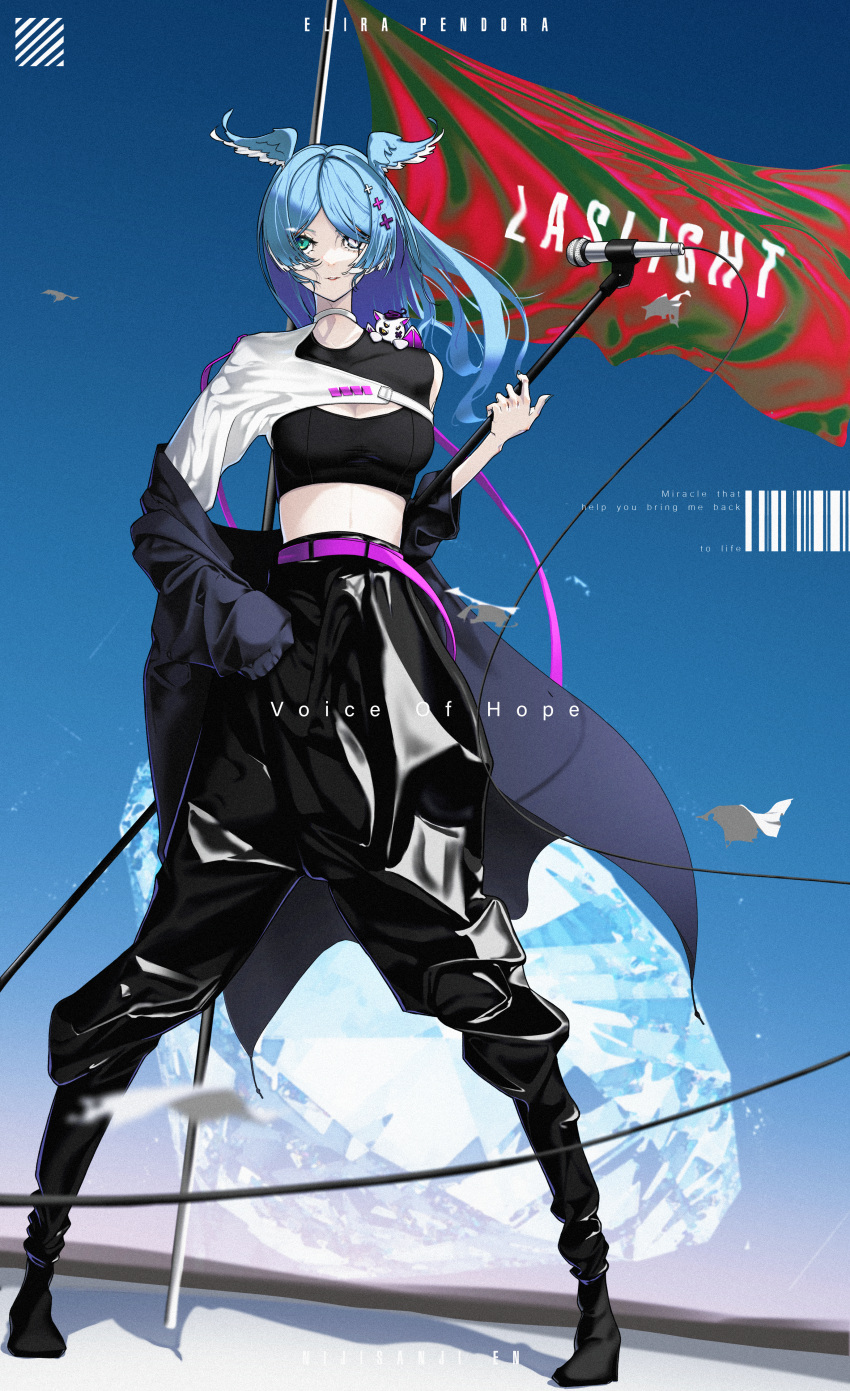 absurdres alternate_costume animal_on_shoulder baggy_pants barcode belt black_footwear black_jacket black_pants black_sports_bra copyright_name diamond_(gemstone) elira_pendora english_text female flag floating_hair green_eyes head_wings heterochromia highres holding holding_microphone_stand jacket long_hair lyrics marui_(fxxstate_ofmind) microphone microphone_stand nijisanji nijisanji_en pants pikl_(elira_pendora) purple_belt solo sports_bra virtual_youtuber wings yellow_eyes