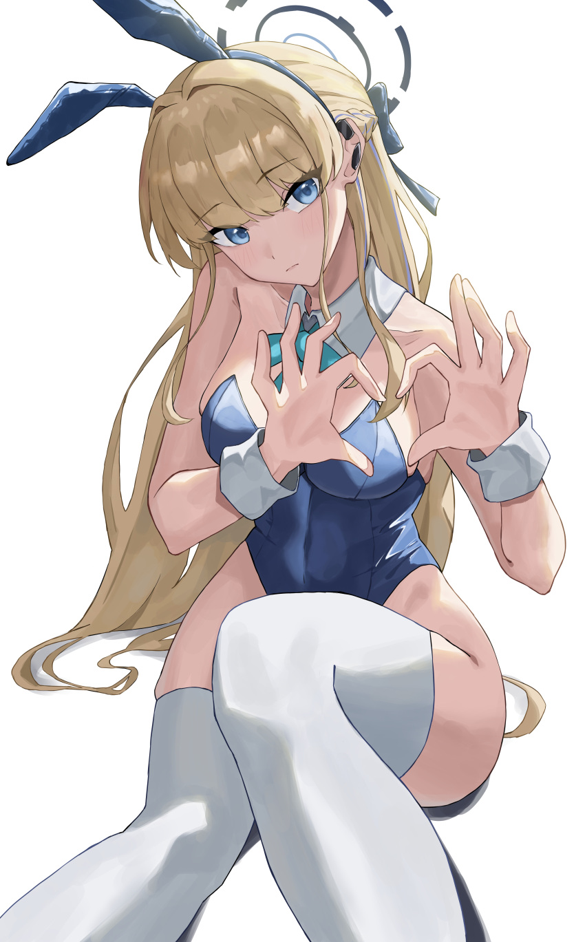 4-fingers_heart_hands absurdres animal_ears aqua_bow aqua_bowtie bare_shoulders blonde_hair blue_archive blue_eyes blue_halo blue_leotard blush bow bowtie braid breasts commentary detached_collar fake_animal_ears feet_out_of_frame female hair_intakes hairbow halo heart heart_hands higashiwun_izumi highres knee_up leotard long_hair looking_at_viewer medium_breasts official_alternate_costume playboy_bunny rabbit_ears simple_background sitting solo strapless strapless_leotard thighhighs toki_(blue_archive) toki_(bunny)_(blue_archive) very_long_hair white_background white_thighhighs wrist_cuffs