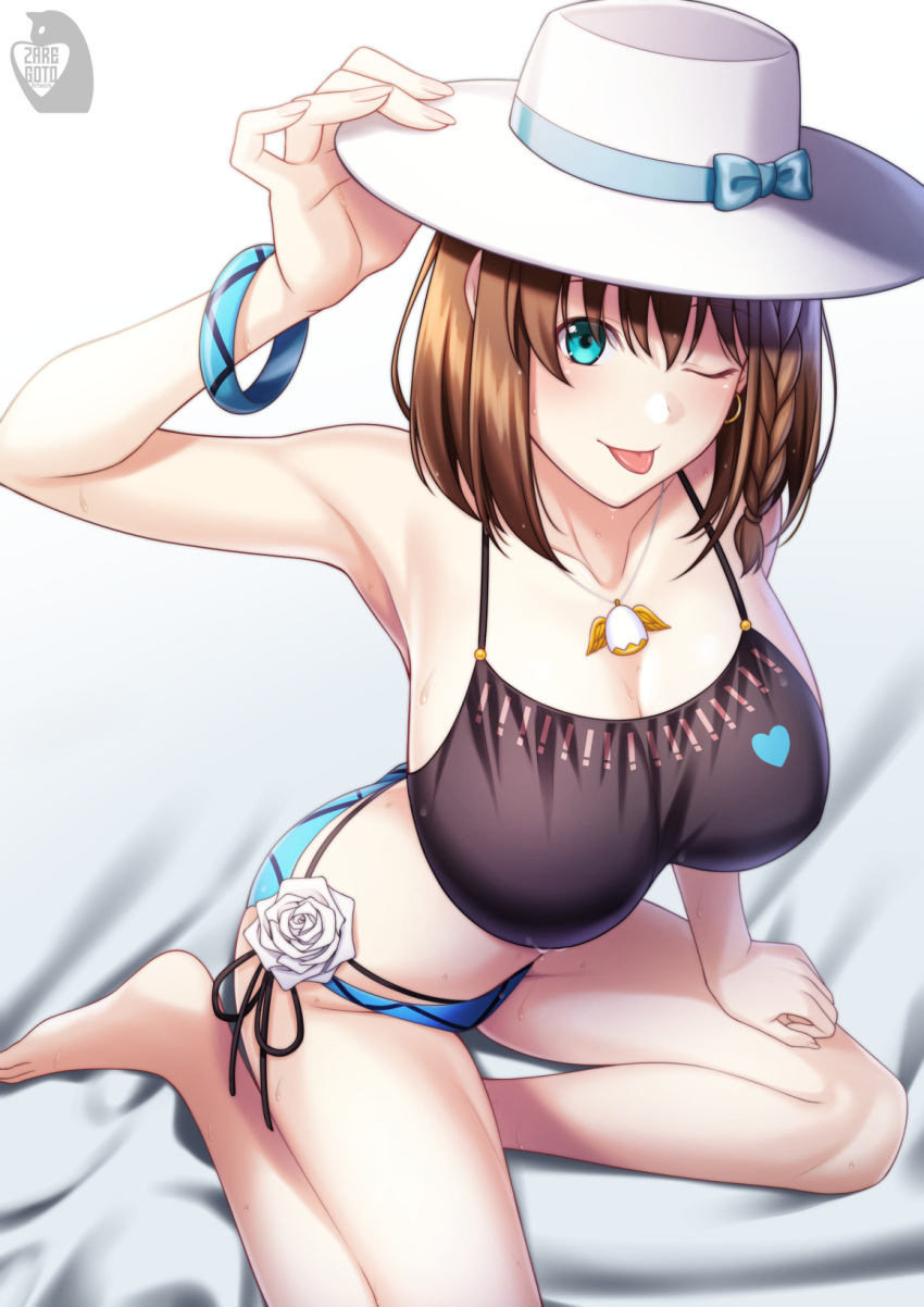 bare_shoulders barefoot bikini black_bikini blue_bikini blush bracelet braid breasts brown_hair charlotte_corday_(fate) charlotte_corday_(swimsuit_caster)_(fate) charlotte_corday_(swimsuit_caster)_(first_ascension)_(fate) cleavage collarbone fate/grand_order fate_(series) female flower green_eyes hat highres jewelry large_breasts looking_at_viewer mismatched_bikini navel necklace one_eye_closed pendant short_hair side_braid sitting smile solo sun_hat swimsuit thighs white_hat zaregoto_tsukai_no_deshi