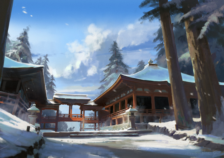 architecture blue_sky cloud commentary conifer day east_asian_architecture miso_katsu original outdoors pine_tree real_world_location scenery sky snow stone_lantern tree