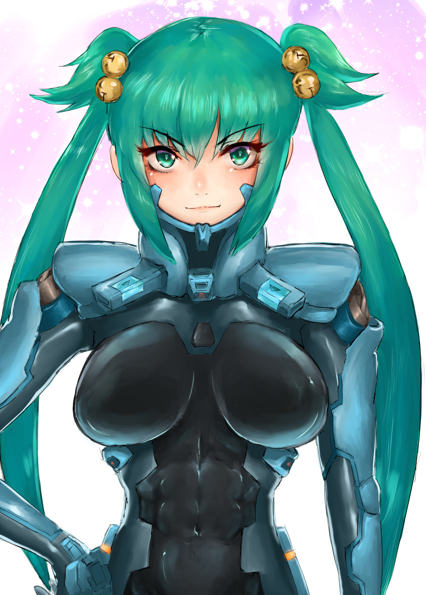 absurdres bell breasts commentary covered_navel covered_nipples cui_yifei female fortified_suit green_eyes green_hair hair_bell hair_ornament hand_on_own_hip highres long_hair medium_breasts muv-luv muv-luv_alternative muv-luv_total_eclipse nanabankarasu pilot_suit science_fiction skin_tight smile solo toned twintails upper_body v-shaped_eyebrows very_long_hair