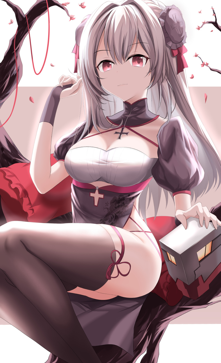 absurdres azur_lane bad_id bad_pixiv_id black_thighhighs breasts china_dress chinese_clothes cleavage closed_mouth cross cross_necklace dress female grey_hair hair_ornament hair_ribbon hand_up highres jewelry large_breasts long_hair looking_at_viewer necklace official_alternate_costume proverbs_zhenyan red_eyes ribbon simple_background sitting solo thighhighs u-410_(azur_lane) u-410_(spring_festival_scheme)_(azur_lane)