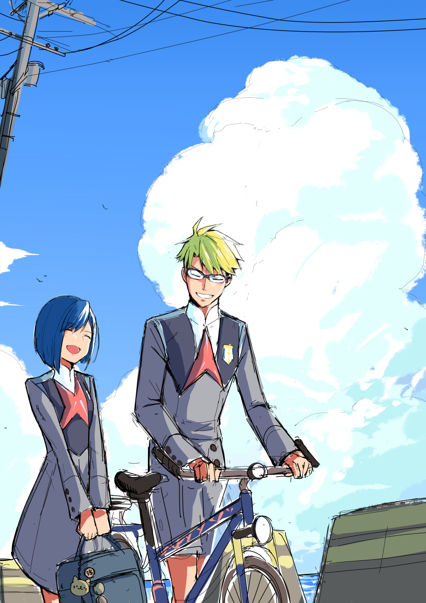 1boy :d absurdres bag bicycle blonde_hair blue_hair blue_sky bob_cut chicke_iii closed_eyes cloud commentary darling_in_the_franxx day female glasses gorou_(darling_in_the_franxx) grey_shirt grey_skirt grin headlight highres holding holding_bag ichigo_(darling_in_the_franxx) long_sleeves loose_hair_strand ocean open_mouth outdoors over-rim_eyewear power_lines school_bag school_uniform semi-rimless_eyewear shirt short_hair side-by-side skirt sky smile swept_bangs utility_pole walking walking_bike