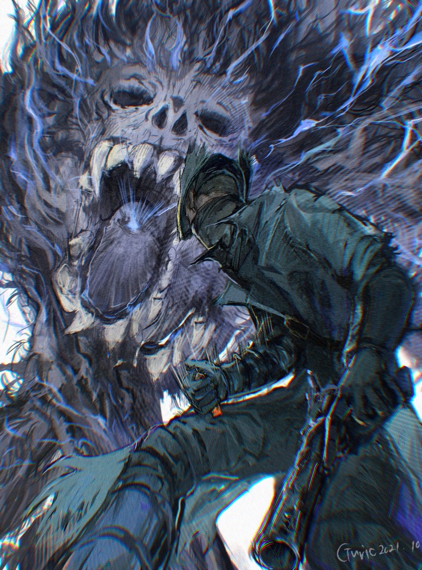 1boy black_jacket bloodborne boots coat commentary_request darkbeast_paarl electricity english_commentary gloves gun guri_otoko hat highres holding holding_weapon hunter_(bloodborne) jacket male_focus mask mixed-language_commentary mouth_mask pants short_hair standing tricorne weapon