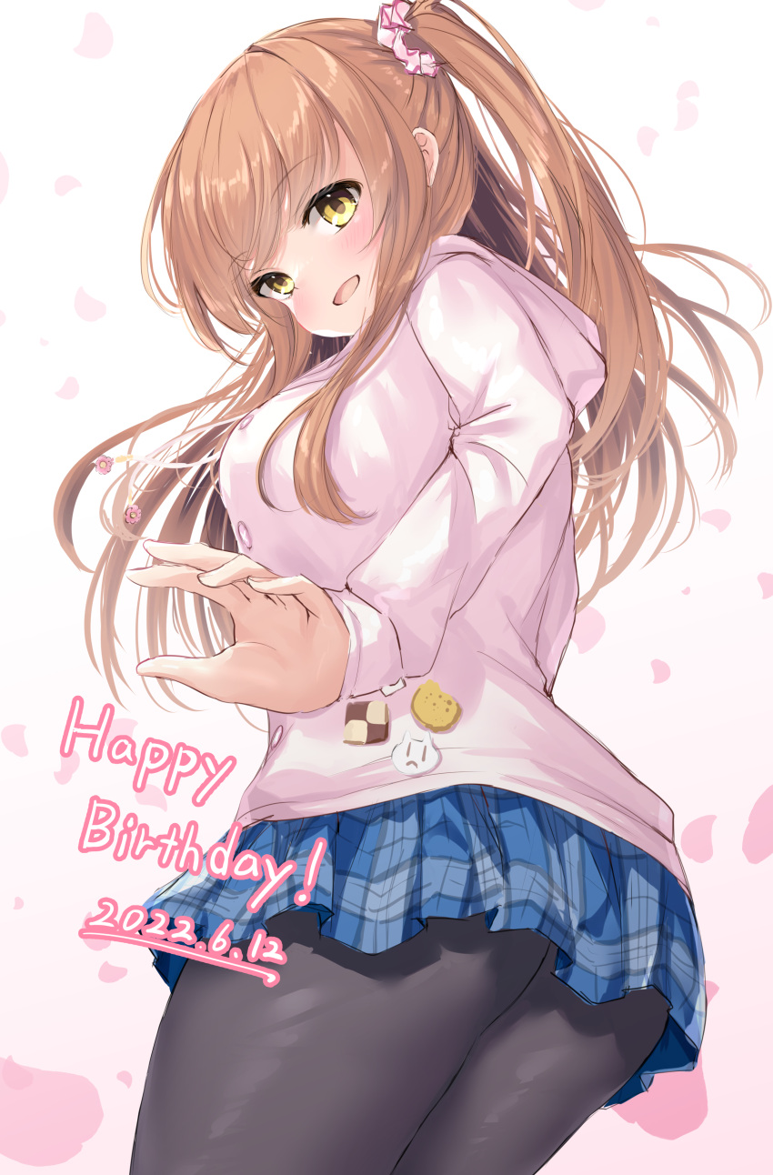 2022 absurdres ass black_pantyhose blue_skirt blush breasts brown_hair commentary_request cowboy_shot dated eyelashes falling_petals female floating_hair from_behind from_below hair_between_eyes happy happy_birthday heart highres himeno_sena hood hood_down hoodie koi_kakeru_shin-ai_kanojo large_breasts long_hair long_sleeves looking_at_viewer looking_back miniskirt ncontrail_(mgax7527) open_mouth pantyhose petals pink_hoodie pleated_skirt sidelocks simple_background skirt slit_pupils solo spoken_heart standing two_side_up white_background yellow_eyes