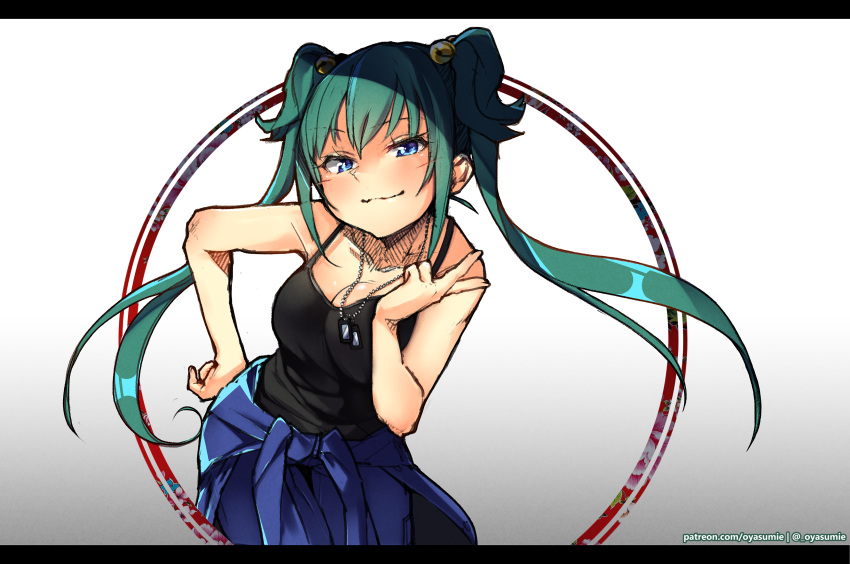 :3 absurdres bad_id bad_pixiv_id black_tank_top blue_eyes blue_jacket breasts clothes_around_waist collarbone commission cui_yifei dog_tags double_bun english_commentary female finger_gun green_hair hair_behind_ear hair_bun highres jacket jacket_around_waist letterboxed looking_at_viewer medium_breasts muv-luv muv-luv_alternative muv-luv_total_eclipse smile smug solo sumi_(oyasumie) tank_top twintails