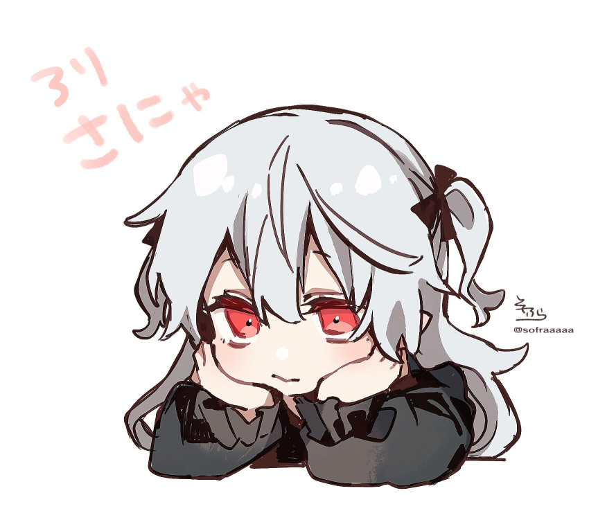 black_bow black_shirt blush bow closed_mouth commentary_request female genderswap_(mtf) grey_hair hairbow hands_up highres kuzuha_(nijisanji) long_hair long_sleeves looking_at_viewer mole mole_under_eye nijisanji puffy_long_sleeves puffy_sleeves red_eyes rule_63 shirt signature simple_background sofra solo translation_request twitter_username two_side_up virtual_youtuber white_background