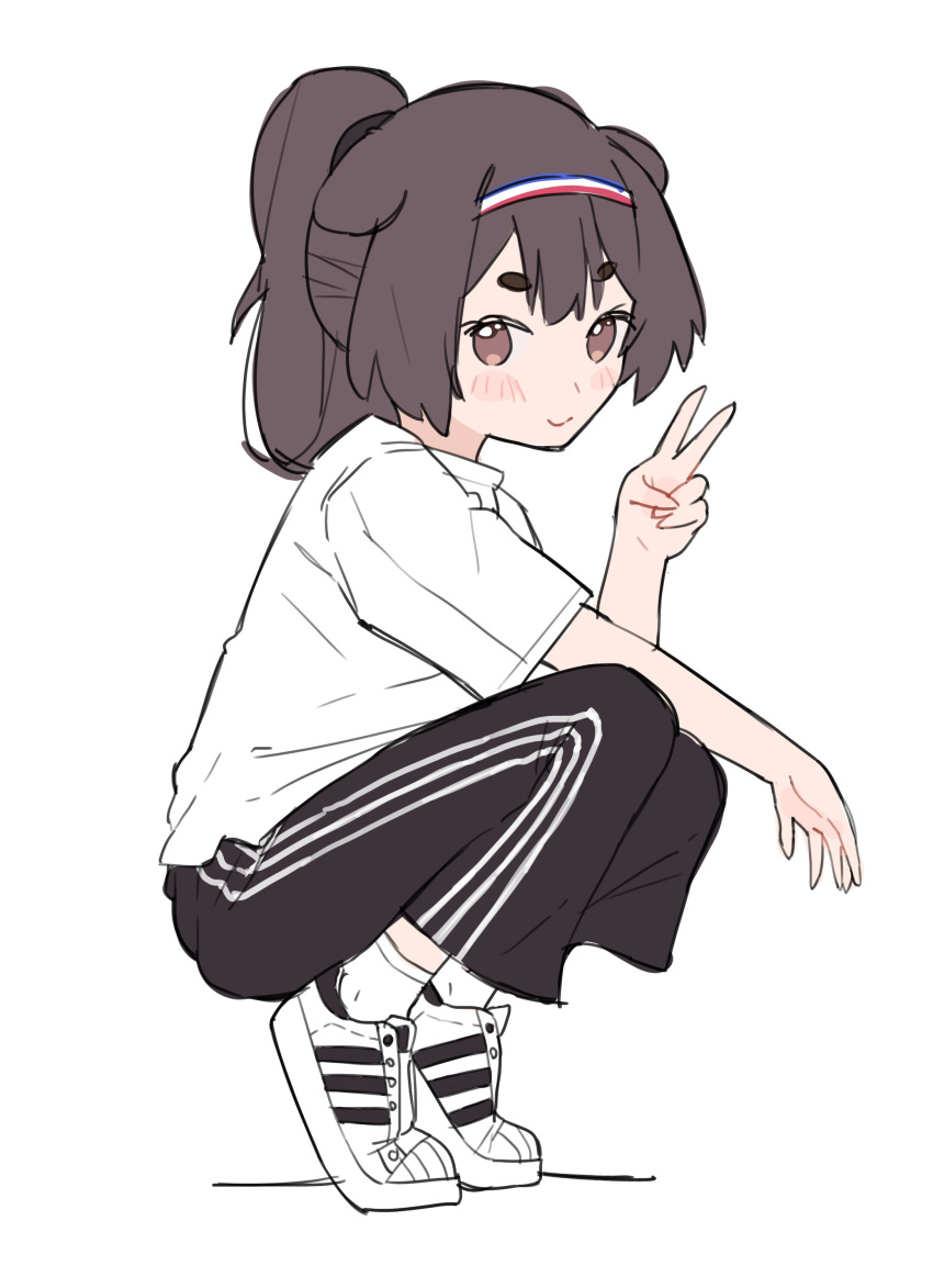 absurdres adidas adidas_superstar alternate_costume alternate_hairstyle animal_ears black_pants blush brown_eyes brown_hair dog_ears dog_girl female full_body hairband highres inukai_purin looking_at_viewer lucabassiart pants ponytail shirt shoes short_eyebrows simple_background smile sneakers solo squatting streetwear sweatpants tsunderia v virtual_youtuber white_background white_shirt