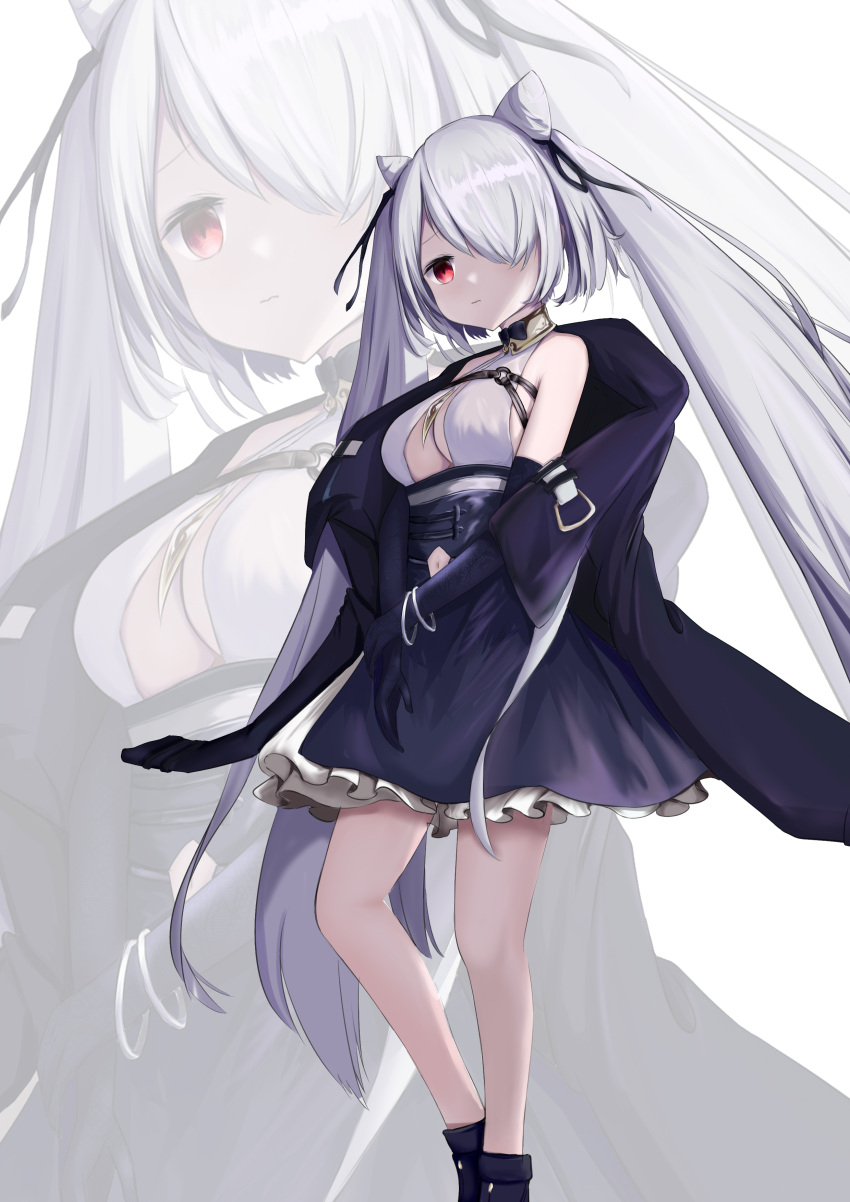 absurdres azur_lane black_footwear breasts cone_hair_bun dress feet_out_of_frame female from_below grey_hair hair_bun hair_over_one_eye highres kiev_(azur_lane) kiev_(backstreet_silver_sonata)_(azur_lane) long_hair medium_breasts official_alternate_costume one_eye_covered purple_dress red_eyes simple_background solo sorodo twintails two-tone_dress underboob very_long_hair