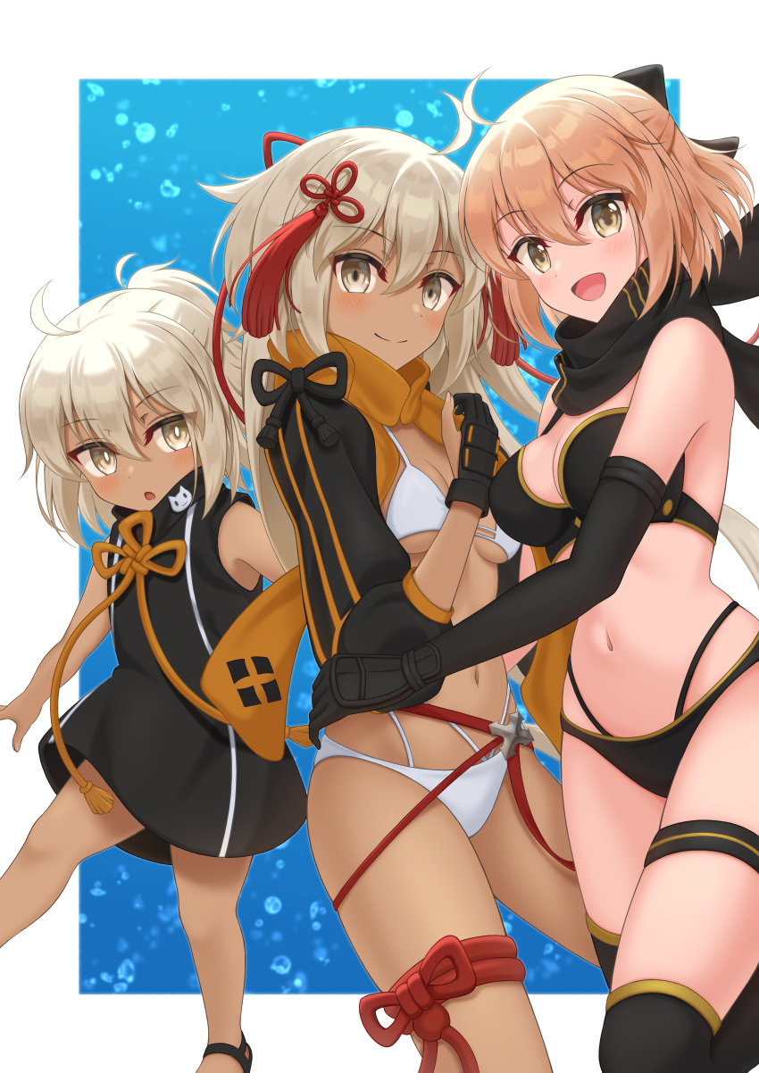 3girls absurdres ahoge bare_shoulders bikini black_bikini black_bow black_gloves black_jacket black_scarf black_thighhighs blonde_hair blush bow breasts cleavage cropped_jacket dark-skinned_female dark_skin elbow_gloves fate/grand_order fate_(series) gloves grey_eyes hairbow half_updo highleg highleg_bikini highres jacket large_breasts layered_bikini long_hair long_sleeves looking_at_viewer matsuba_moco medium_breasts multiple_girls navel okita_j._souji_(fate) okita_j._souji_(first_ascension)_(fate) okita_souji_(fate) okita_souji_alter_(swimsuit_saber)_(fate) okita_souji_alter_(swimsuit_saber)_(first_ascension)_(fate) open_mouth orange_scarf ponytail rengoku_(fate) rengoku_(first_ascension)_(fate) scarf short_hair shrug_(clothing) single_glove smile swimsuit tassel thigh_strap thighhighs thighs very_long_hair white_bikini white_hair wristband yellow_eyes