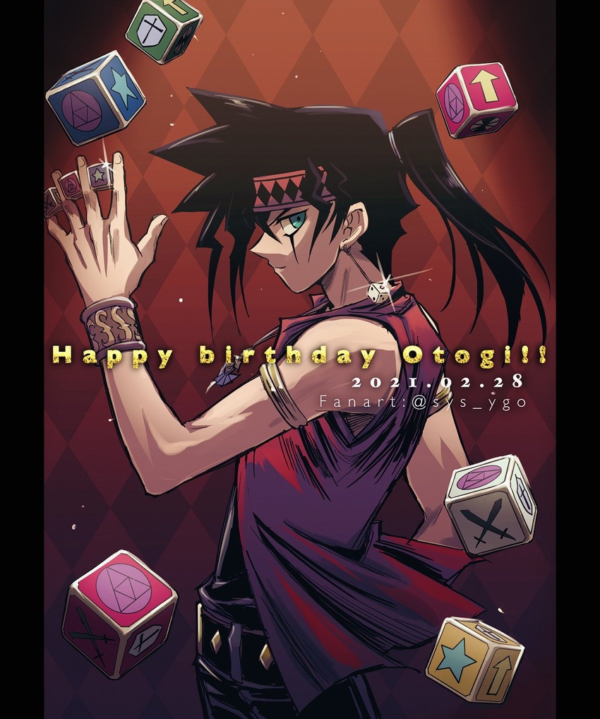 1boy artist_name black_hair bracer character_name closed_mouth commentary dated dice earrings from_side green_eyes hair_tie happy_birthday headband highres holding jewelry long_hair looking_at_viewer male_focus otogi_ryuuji ponytail solo soya_(sys_ygo) yu-gi-oh!