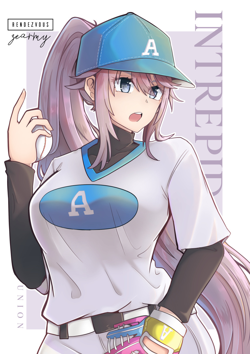 absurdres azur_lane baseball baseball_cap baseball_mitt baseball_uniform belt black_shirt breasts character_name commentary covered_collarbone cowboy_shot female grey_eyes grey_hair hair_between_eyes hair_through_headwear hat highres intrepid_(azur_lane) intrepid_(one_intrepid_pitch)_(azur_lane) large_breasts long_hair long_sleeves official_alternate_costume open_mouth ponytail shirt shirt_tucked_in short_sleeves shorts sidelocks signature solo sportswear standing teeth tented_shirt undershirt upper_teeth_only very_long_hair white_background white_belt white_shirt white_shorts zearmy