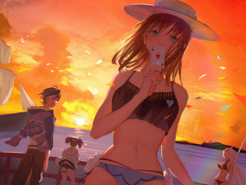 1boy 3girls backlighting bare_shoulders bikini black_bikini blue_bikini braid breasts brown_hair caenis_(fate) caenis_(swimsuit_rider)_(fate) caenis_(swimsuit_rider)_(first_ascension)_(fate) card charlotte_corday_(fate) charlotte_corday_(swimsuit_caster)_(fate) charlotte_corday_(swimsuit_caster)_(first_ascension)_(fate) cleavage collarbone fate/grand_order fate_(series) flower gradient_sky green_eyes hat highres jewelry large_breasts looking_at_viewer mandricardo_(fate) mandricardo_(summer_sportswear)_(fate) mismatched_bikini multiple_girls navel necklace orange_sky pendant playing_card sei_shounagon_(fate) sei_shounagon_(swimsuit_berserker)_(fate) short_hair side_braid sky solo_focus sun_hat sunset swimsuit thighs twilight ubwmitekure white_headwear