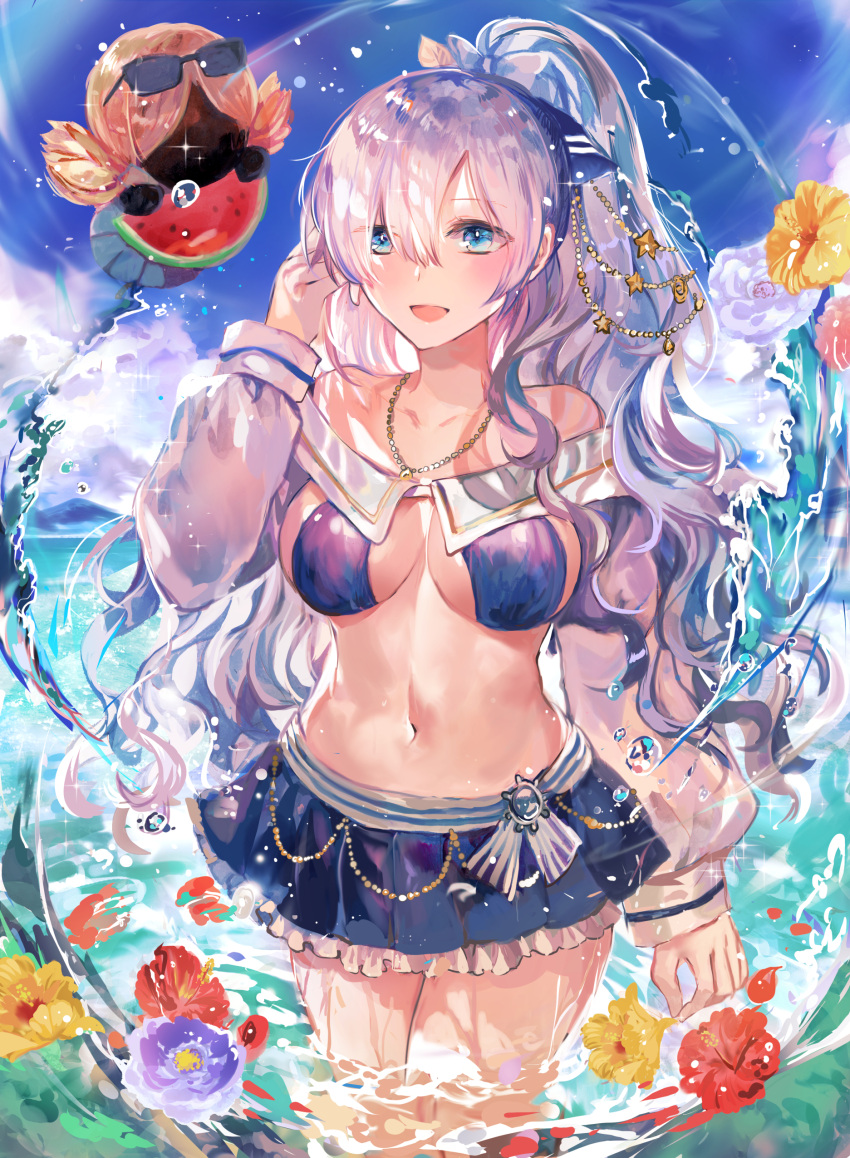 absurdres anastasia_(fate) anastasia_(swimsuit_archer)_(fate) anastasia_(swimsuit_archer)_(third_ascension)_(fate) bare_shoulders beach bikini blue_bikini blue_eyes blue_skirt blue_sky blush bow breasts cleavage collarbone day doll fate/grand_order fate_(series) female flower food fruit hair_over_one_eye hairbow highres jewelry large_breasts long_hair long_sleeves looking_at_viewer miniskirt navel necklace ocean open_mouth ponytail puffy_long_sleeves puffy_sleeves rioka_(southern_blue_sky) skirt sky smile swimsuit thighs very_long_hair viy_(fate) wading water watermelon watermelon_slice white_hair