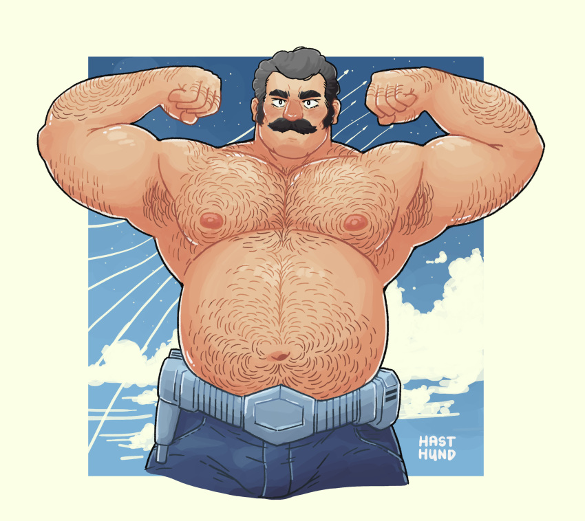 1boy absurdres alternate_body_hair alternate_pectoral_size arm_hair armpit_hair back_hair bara biceps big_belly bulge chest_hair cropped_legs denim double_biceps_pose facial_hair fat flexing gundam hahasthund hairy hand_hair highres jeans knuckle_hair large_pectorals looking_at_viewer male_focus mature_male mobile_suit_gundam_the_origin moustache muscular muscular_male navel navel_hair nipples pants pectorals ramba_ral stomach thick_eyebrows thick_mustache topless_male very_hairy