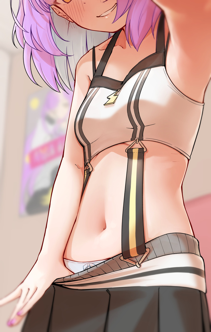 absurdres black_skirt blurry blurry_background blush breasts close-up clothes_pull collarbone commentary_request female head_out_of_frame highres hinomori_anzu indie_virtual_youtuber indoors medium_hair navel navel_focus omattya_umyao panties pink_nails poster_(object) pulling_own_clothes purple_hair skirt skirt_pull small_breasts smile solo sports_bra stomach suspenders underwear virtual_youtuber white_panties white_sports_bra yellow_eyes