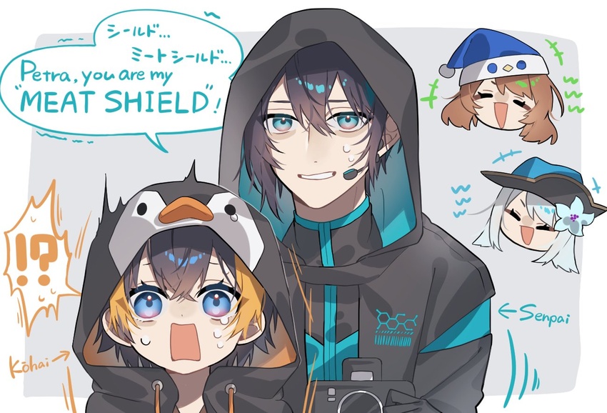 ! !? 1boy 3girls ? ^_^ amicia_michella amicia_michella_(1st_costume) animal_hood ban_hada ban_hada_(1st_costume) black_hair black_hoodie black_jacket blue_eyes blue_hair blue_headwear brown_hair closed_eyes english_commentary english_text hat headset hood hooded_jacket hoodie jacket laughing mayuzumi_kai mayuzumi_kai_(2nd_costume) mimisabu multicolored_hair multiple_girls nervous_sweating nijisanji nijisanji_en nijisanji_id nijisanji_kr open_mouth orange_hair parted_lips penguin_hood petra_gurin petra_gurin_(1st_costume) pirate_hat short_hair speech_bubble spoken_exclamation_mark spoken_question_mark streaked_hair sweat tearing_up virtual_youtuber