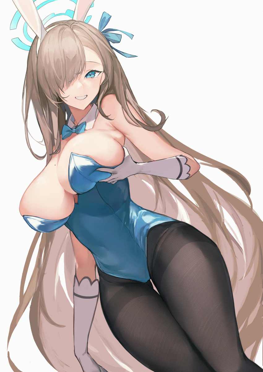 animal_ears asuna_(blue_archive) bangs bare_shoulders black_legwear blue_archive bow bowtie breast_grab breasts cowboy_shot detached_collar fanshu female gloves grabbing hair_over_one_eye hairbow halo highres large_breasts leotard long_hair looking_at_viewer mole mole_on_breast pantyhose playboy_bunny rabbit_ears sagging_breasts sidelocks sleeveless smile solo standing white_background white_gloves