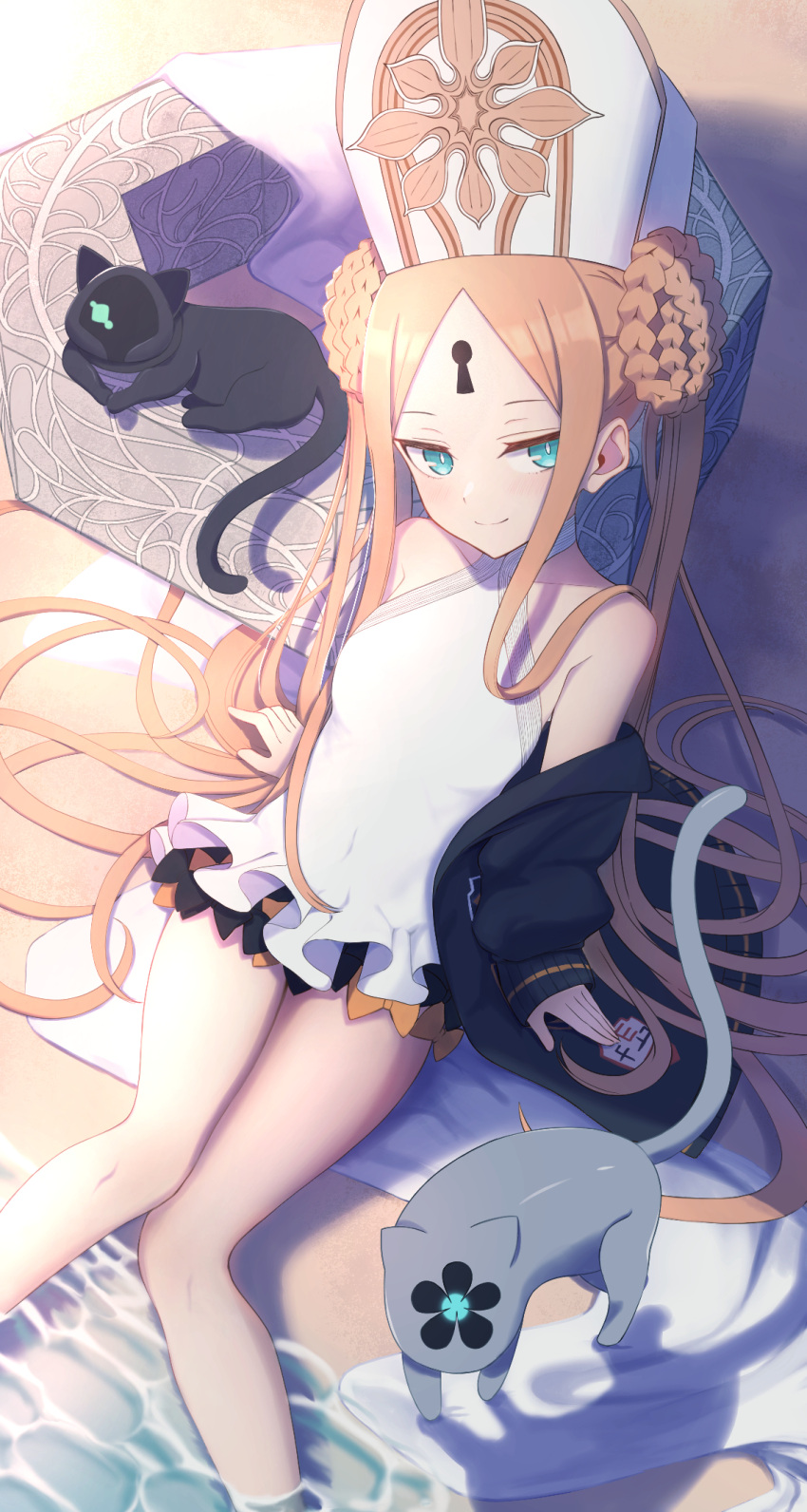 abigail_williams_(fate) abigail_williams_(swimsuit_foreigner)_(fate) abigail_williams_(swimsuit_foreigner)_(second_ascension)_(fate) akazaki_yukino bare_shoulders beach black_bow black_cat blonde_hair blue_eyes blush bow braid braided_bun breasts double_bun dress_swimsuit fate/grand_order fate_(series) feline female forehead hair_bun hat highres keyhole long_hair mitre multiple_bows one-piece_swimsuit orange_bow parted_bangs sand shore sidelocks small_breasts smile solo swimsuit twintails very_long_hair white_hat white_one-piece_swimsuit